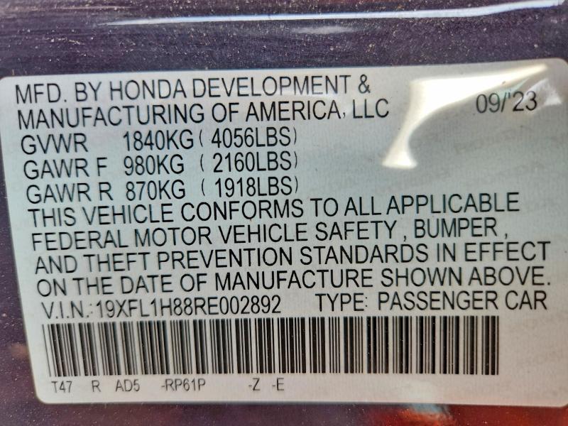 64605846 :رقم المزاد ، 19XFL1H88RE002892 vin ، 2024 Honda Civic مزاد بيع