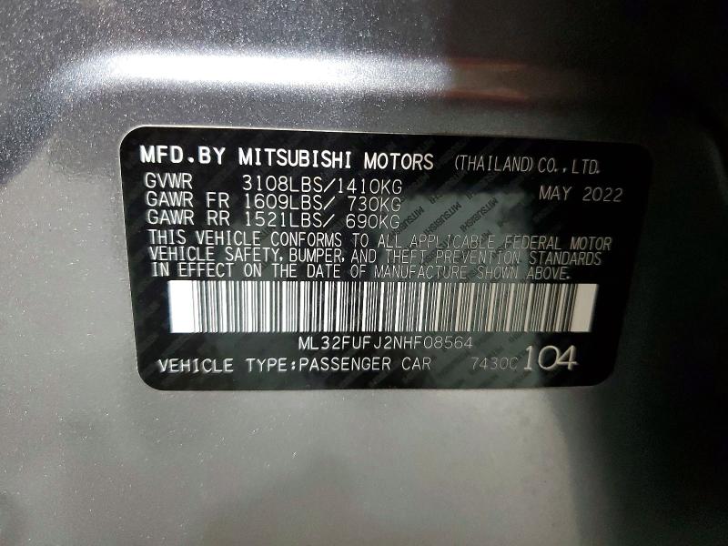 2022 Mitsubishi Mirage მანქანა იყიდება აუქციონზე, vin: ML32FUFJ2NHF08564, აუქციონის ნომერი: 64135276