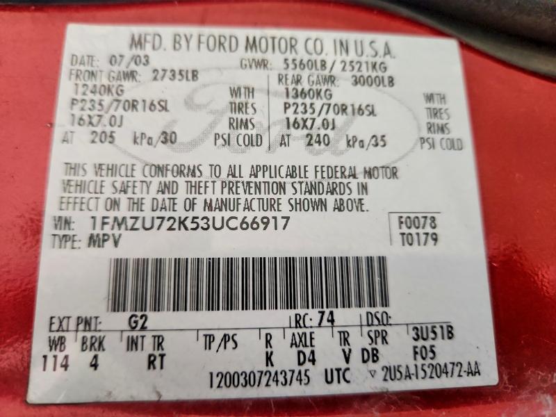 2003 Ford Explorer მანქანა იყიდება აუქციონზე, vin: 1FMZU72K53UC66917, აუქციონის ნომერი: 67108426