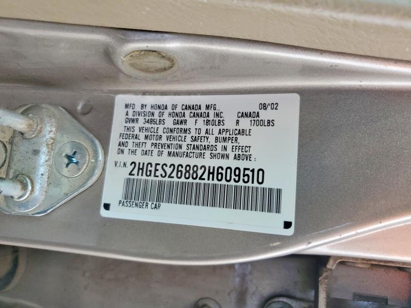 Продаж на аукціоні авто 2002 Honda Civic, vin: 2HGES26882H609510, номер лоту: 64340266