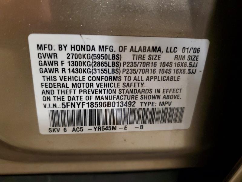 2006 Honda Pilot მანქანა იყიდება აუქციონზე, vin: 5FNYF18596B013492, აუქციონის ნომერი: 64250636