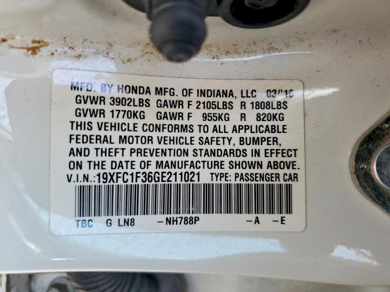 2016 Honda Civic მანქანა იყიდება აუქციონზე, vin: 19XFC1F36GE211021, აუქციონის ნომერი: 64035526