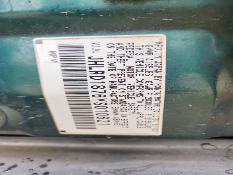 2000 Honda Cr-v მანქანა იყიდება აუქციონზე, vin: JHLRD1876YS010621, აუქციონის ნომერი: 66056486