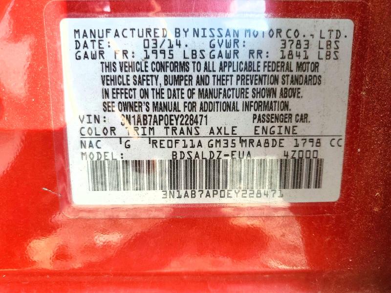 2014 Nissan Sentra მანქანა იყიდება აუქციონზე, vin: 3N1AB7AP0EY228471, აუქციონის ნომერი: 63780686