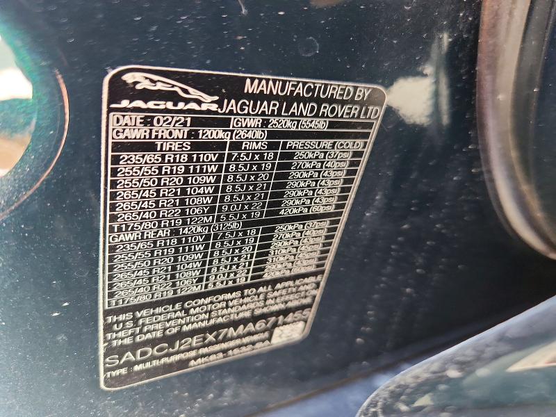 Aukcja sprzedaży 2021 Jaguar F-pace, vin: SADCJ2EX7MA671455, numer aukcji: 63484486