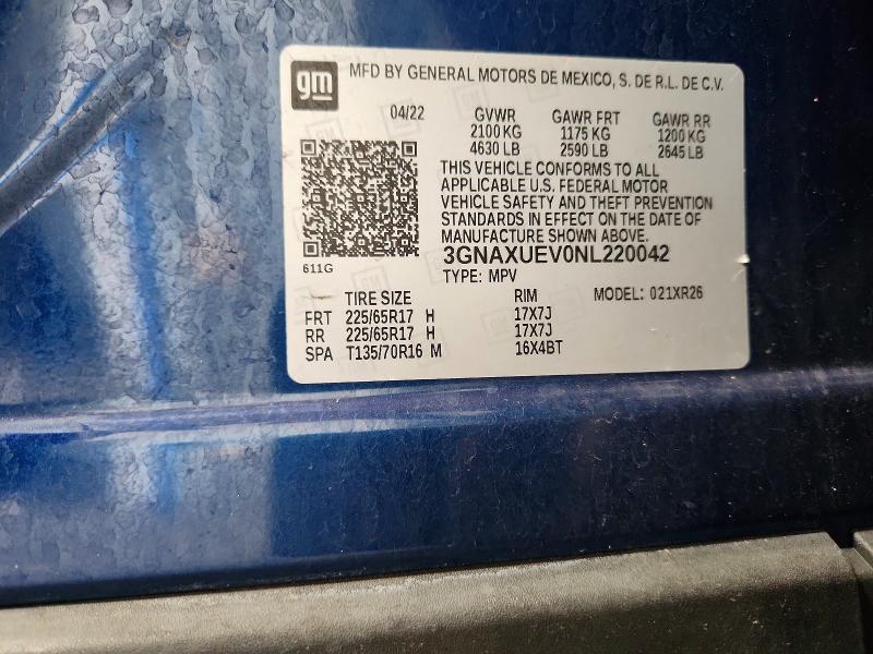 2022 Chevrolet Equinox მანქანა იყიდება აუქციონზე, vin: 3GNAXUEV0NL220042, აუქციონის ნომერი: 66380156