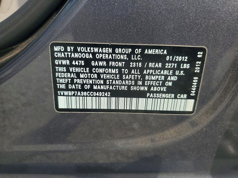 63741366 :رقم المزاد ، 1VWBP7A36CC049242 vin ، 2012 Volkswagen Passat مزاد بيع