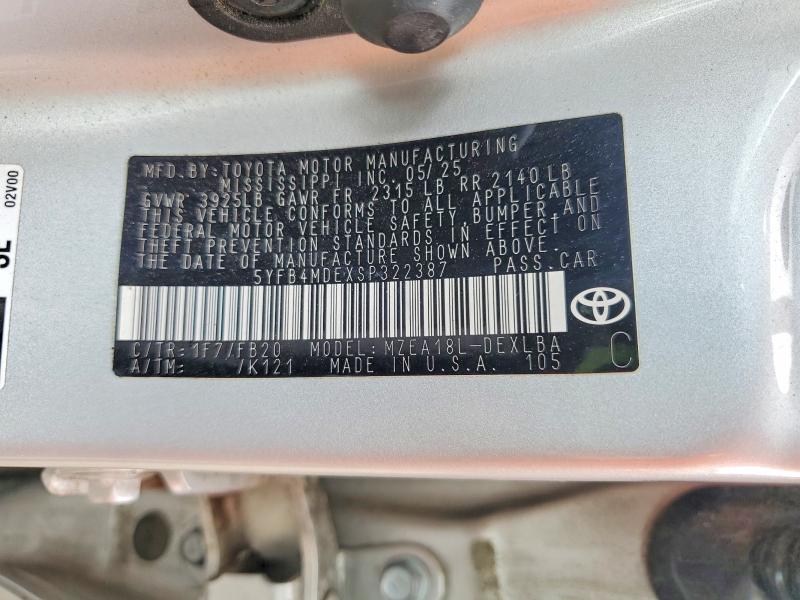 2025 Toyota Corolla მანქანა იყიდება აუქციონზე, vin: 5YFB4MDEXSP322387, აუქციონის ნომერი: 63678076