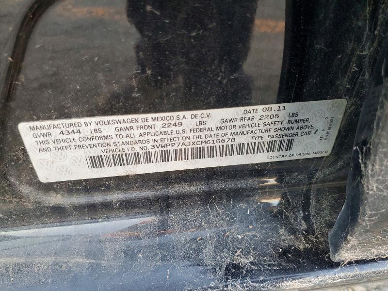 Auction sale of the 2012 Volkswagen Jetta, vin: 3VWPP7AJXCM615678, lot number: 63571956