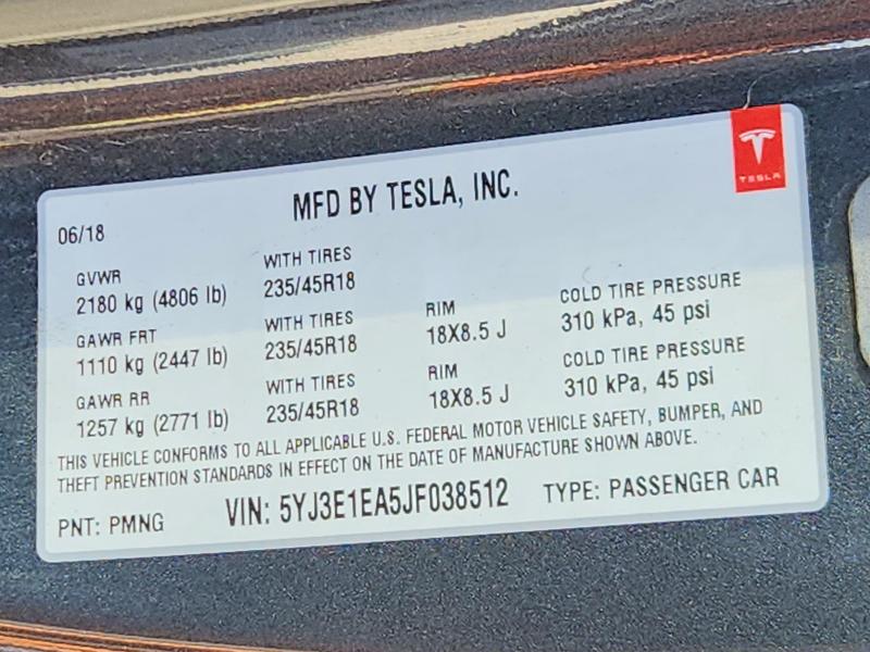 2018 Tesla Model 3 მანქანა იყიდება აუქციონზე, vin: 5YJ3E1EA5JF038512, აუქციონის ნომერი: 66203946