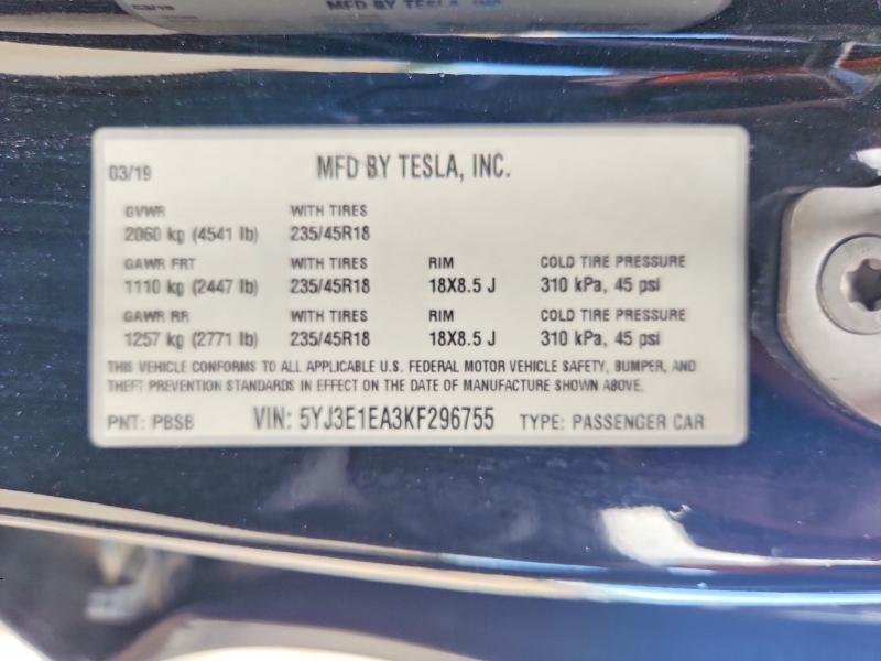 Aukcja sprzedaży 2019 Tesla Model 3, vin: 5YJ3E1EA3KF296755, numer aukcji: 64138616