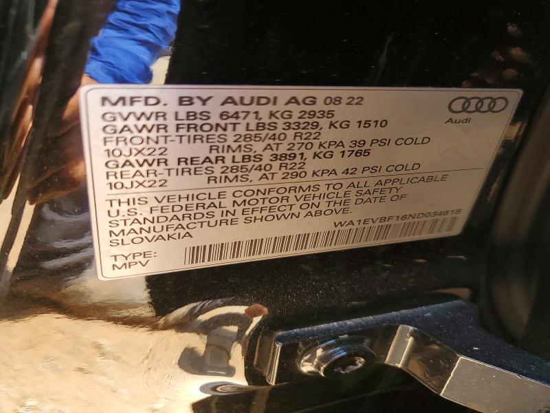 63498356 :رقم المزاد ، WA1EVBF16ND034618 vin ، 2022 Audi Q8 مزاد بيع