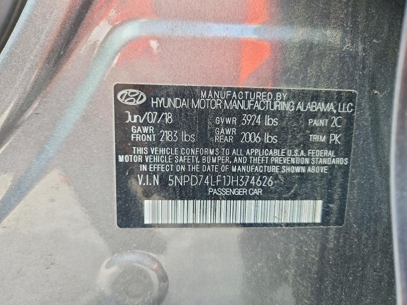 2018 Hyundai Elantra მანქანა იყიდება აუქციონზე, vin: 5NPD74LF1JH374626, აუქციონის ნომერი: 66607086