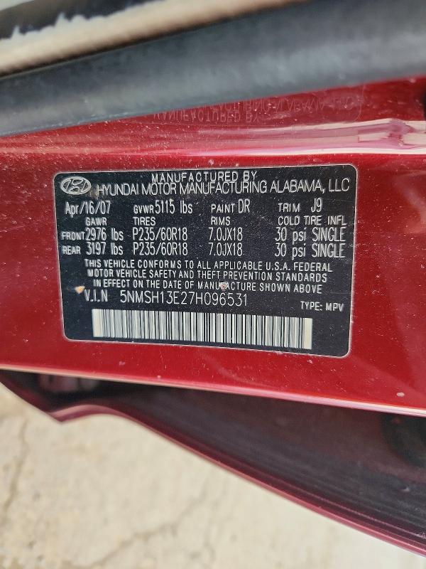 2007 Hyundai Santa Fe მანქანა იყიდება აუქციონზე, vin: 5NMSH13E27H096531, აუქციონის ნომერი: 64839386