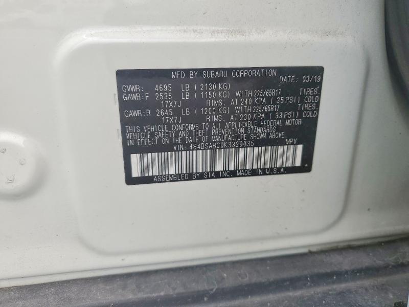 63900526 :رقم المزاد ، 4S4BSABC0K3329035 vin ، 2019 Subaru Outback مزاد بيع