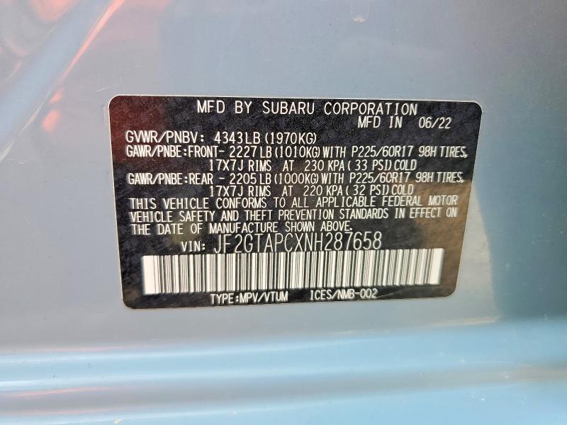 Aukcja sprzedaży 2022 Subaru Crosstrek, vin: JF2GTAPCXNH287658, numer aukcji: 64520126