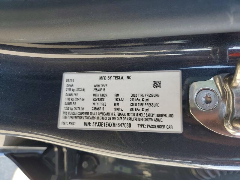 2024 Tesla Model 3 მანქანა იყიდება აუქციონზე, vin: 5YJ3E1EAXRF847080, აუქციონის ნომერი: 64133046