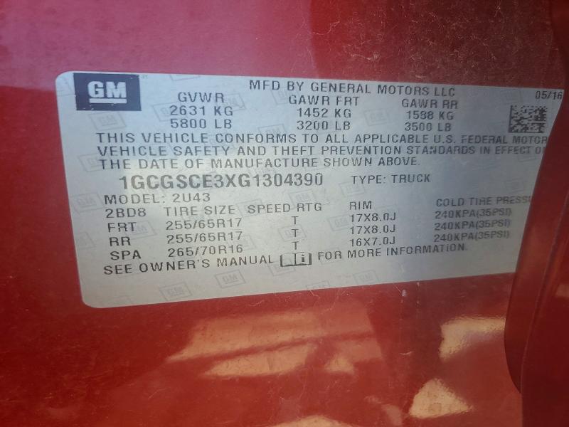 65567076 :رقم المزاد ، 1GCGSCE3XG1304390 vin ، 2016 Chevrolet Colorado مزاد بيع