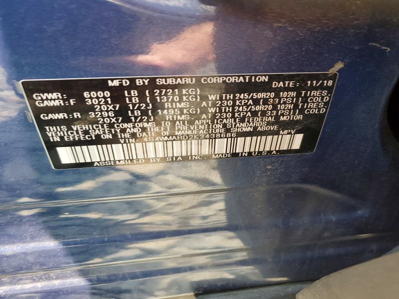 Aukcja sprzedaży 2019 Subaru Ascent, vin: 4S4WMARD2K3438686, numer aukcji: 64083266