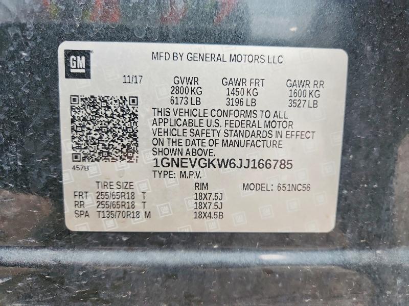 65525206 :رقم المزاد ، 1GNEVGKW6JJ166785 vin ، 2018 Chevrolet Traverse مزاد بيع