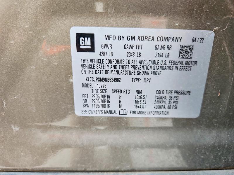 Aukcja sprzedaży 2022 Chevrolet Trax, vin: KL7CJPSM9NB534982, numer aukcji: 64034876