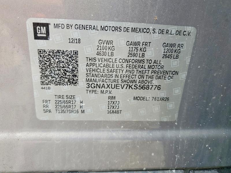 2019 Chevrolet Equinox მანქანა იყიდება აუქციონზე, vin: 3GNAXUEV7KS568776, აუქციონის ნომერი: 63587776