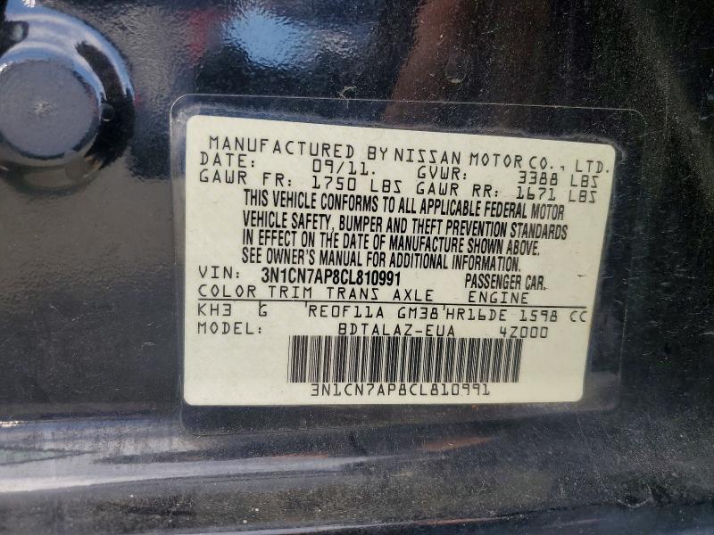65750956 :رقم المزاد ، 3N1CN7AP8CL810991 vin ، 2012 Nissan Versa مزاد بيع