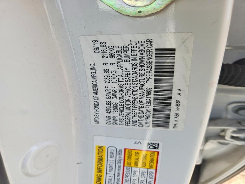 2019 Honda Accord მანქანა იყიდება აუქციონზე, vin: 1HGCV1F12KA176602, აუქციონის ნომერი: 66029936