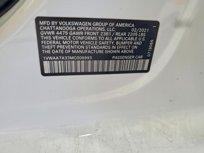Продажа на аукционе авто 2021 Volkswagen Passat, vin: 1VWAA7A33MC006993, номер лота: 65919276