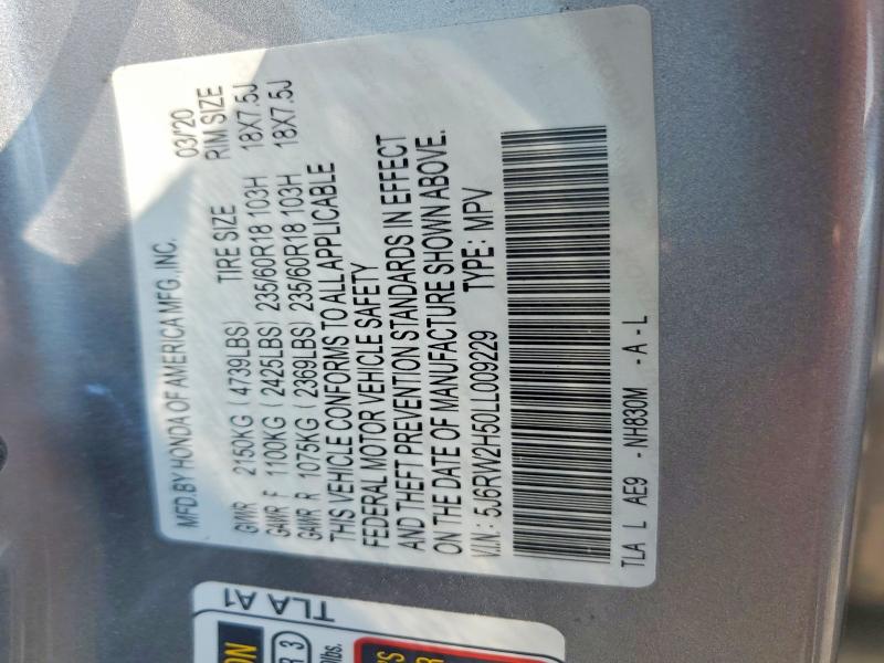 Aukcja sprzedaży 2020 Honda Cr-v, vin: 5J6RW2H50LL009229, numer aukcji: 64253736