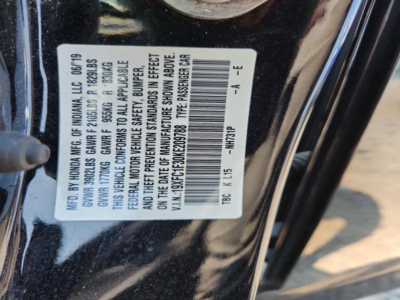 2019 Honda Civic მანქანა იყიდება აუქციონზე, vin: 19XFC1F30KE209788, აუქციონის ნომერი: 63993786