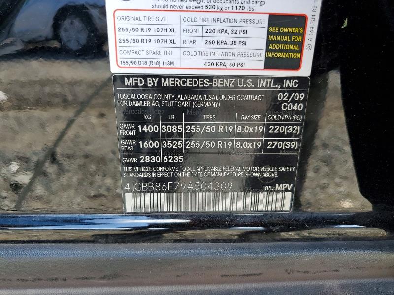 66585616 :رقم المزاد ، 4JGBB86E79A504309 vin ، 2009 Mercedes-benz Ml مزاد بيع