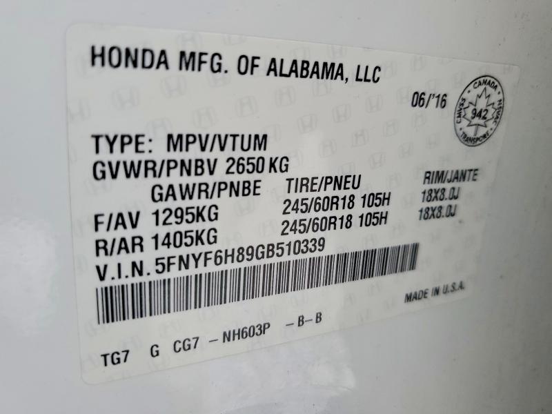 Продаж на аукціоні авто 2016 Honda Pilot, vin: 5FNYF6H89GB510339, номер лоту: 63901626