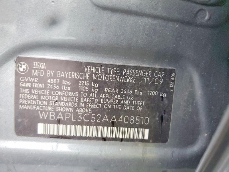 63580646 :رقم المزاد ، WBAPL3C52AA408510 vin ، 2010 Bmw 335 مزاد بيع