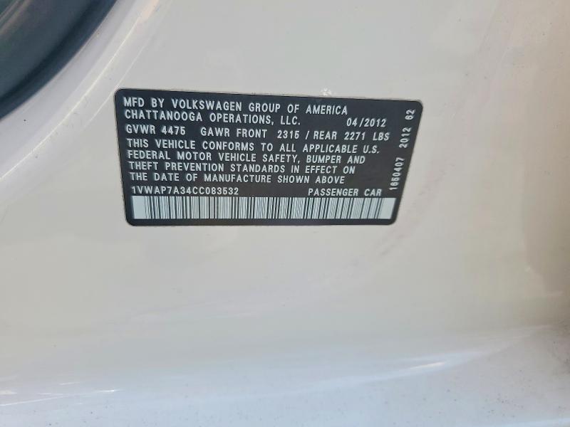 64950436 :رقم المزاد ، 1VWAP7A34CC083532 vin ، 2012 Volkswagen Passat مزاد بيع