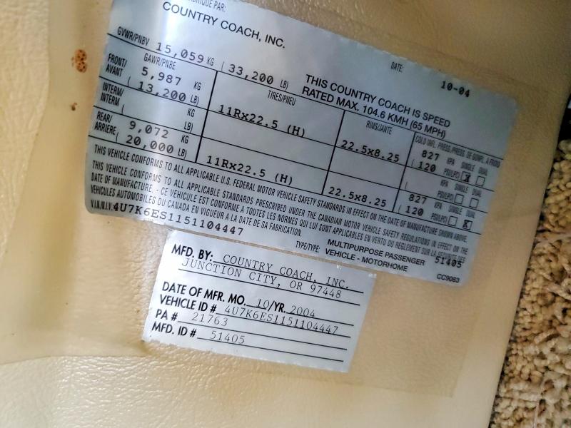 Auction sale of the 2005 Country Coach Motorhome Unknown, vin: 4U7K6ES1151104447, lot number: 65124916