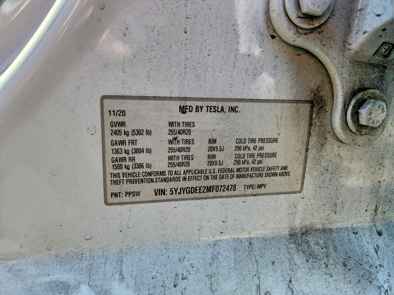 2021 Tesla Model Y მანქანა იყიდება აუქციონზე, vin: 5YJYGDEE2MF072478, აუქციონის ნომერი: 64860076