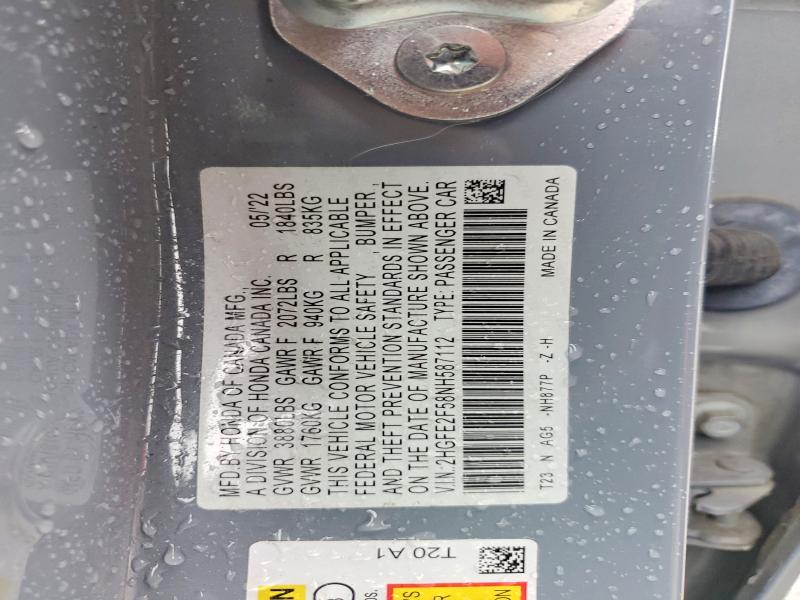 2022 Honda Civic მანქანა იყიდება აუქციონზე, vin: 2HGFE2F58NH587112, აუქციონის ნომერი: 64194006