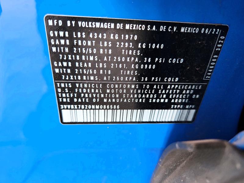 Aukcja sprzedaży 2022 Volkswagen Taos, vin: 3VVRX7B20NM086586, numer aukcji: 64828656