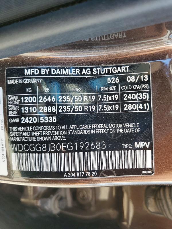 62809196 :رقم المزاد ، WDCGG8JB0EG192683 vin ، 2014 Mercedes-benz Glk مزاد بيع