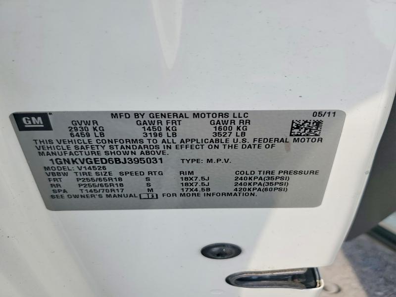 Продаж на аукціоні авто 2011 Chevrolet Traverse, vin: 1GNKVGED6BJ395031, номер лоту: 65014726