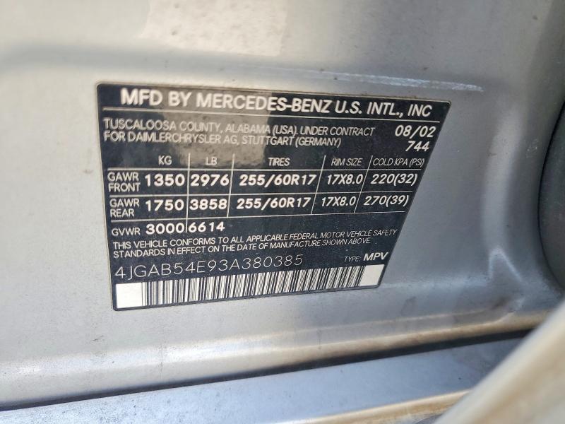 Aukcja sprzedaży 2003 Mercedes-benz Ml, vin: 4JGAB54E93A380385, numer aukcji: 64050526