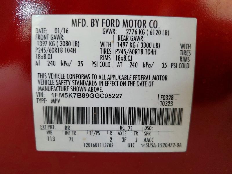 65927646 :رقم المزاد ، 1FM5K7B89GGC05227 vin ، 2016 Ford Explorer مزاد بيع