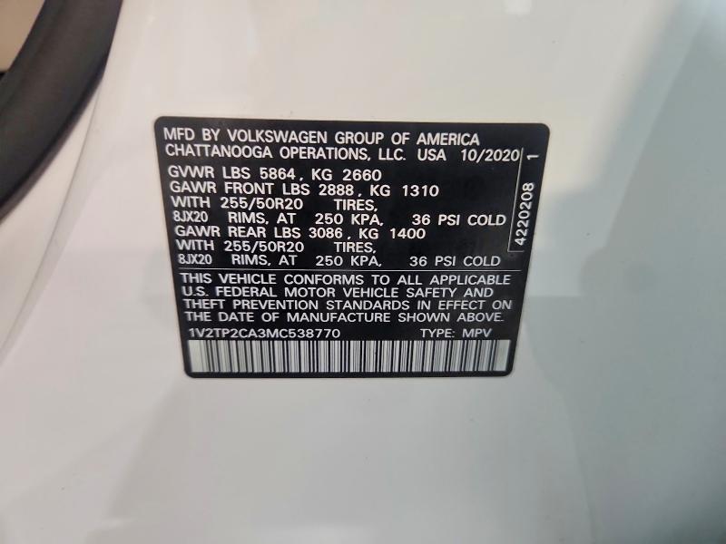 Aukcja sprzedaży 2021 Volkswagen Atlas, vin: 1V2TP2CA3MC538770, numer aukcji: 66373596