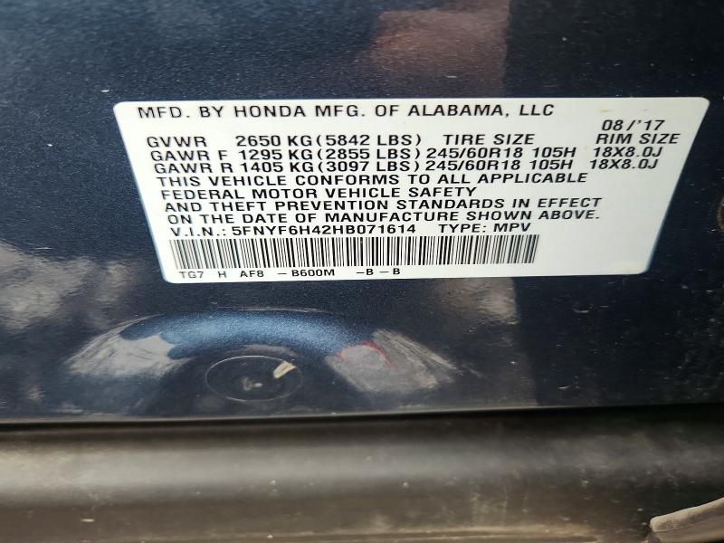 63407306 :رقم المزاد ، 5FNYF6H42HB071614 vin ، 2017 Honda Pilot مزاد بيع