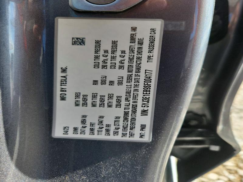 Aukcja sprzedaży 2025 Tesla Model 3, vin: 5YJ3E1EB9SF004177, numer aukcji: 65567936