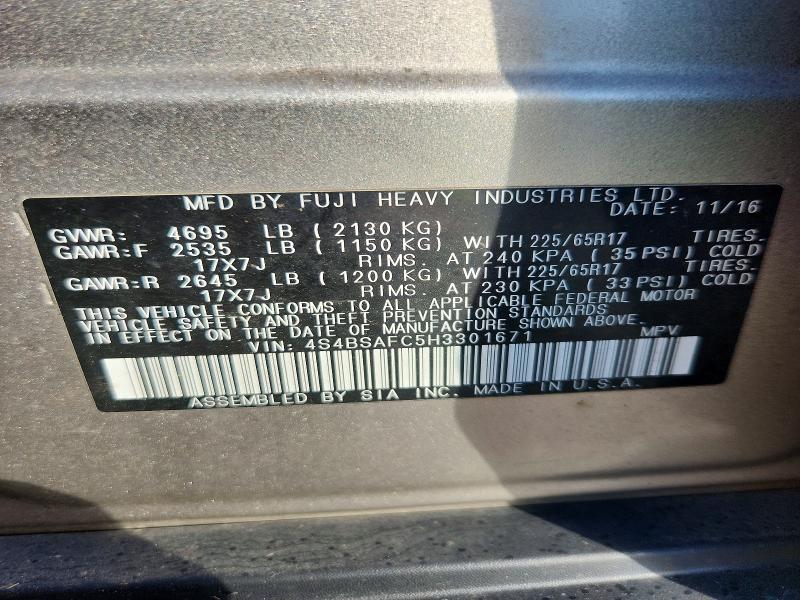 Продаж на аукціоні авто 2017 Subaru Outback, vin: 4S4BSAFC5H3301671, номер лоту: 65566466