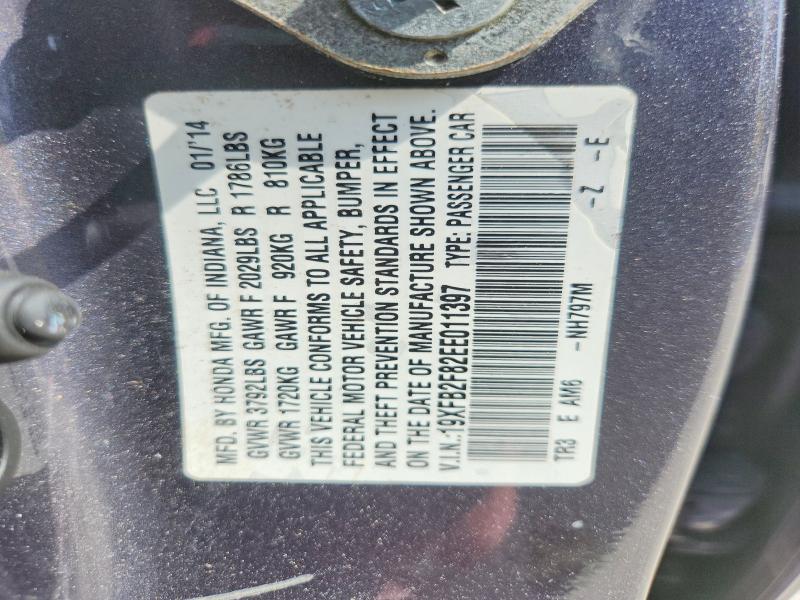 65092926 :رقم المزاد ، 19XFB2F82EE011397 vin ، 2014 Honda Civic مزاد بيع