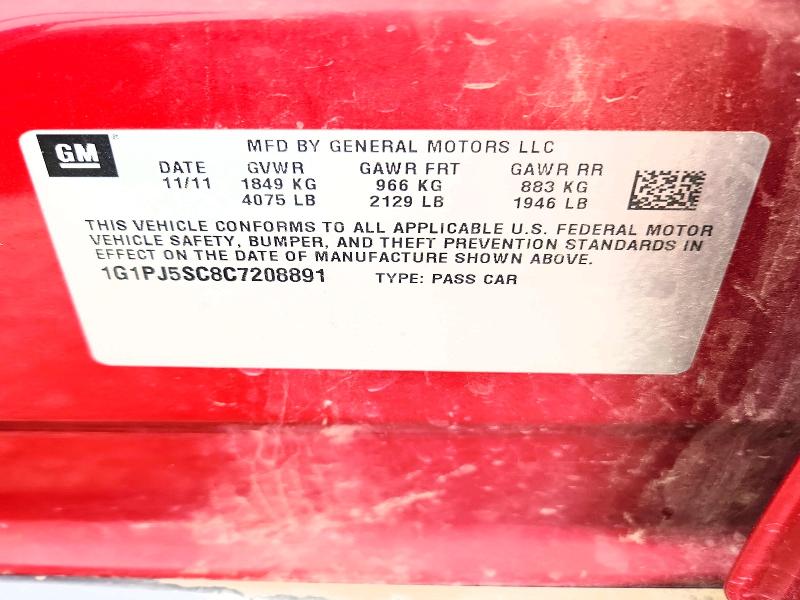 Продажа на аукционе авто 2012 Chevrolet Cruze, vin: 1G1PJ5SC8C7208891, номер лота: 64516376