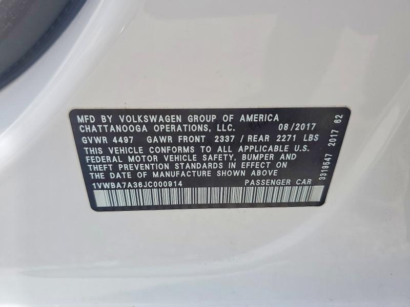 Aukcja sprzedaży 2018 Volkswagen Passat, vin: 1VWBA7A36JC000914, numer aukcji: 64945236